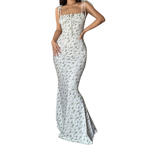 Women's Sexy Spaghetti Strap Dresses Drawstring Design Floral Print Slim Fit Long Bodycon Dresses Perfect for Summer& Spring - American ThistleWomen's Sexy Spaghetti Strap Dresses Drawstring Design Floral Print Slim Fit Long Bodycon Dresses Perfect for Summer& Spring
