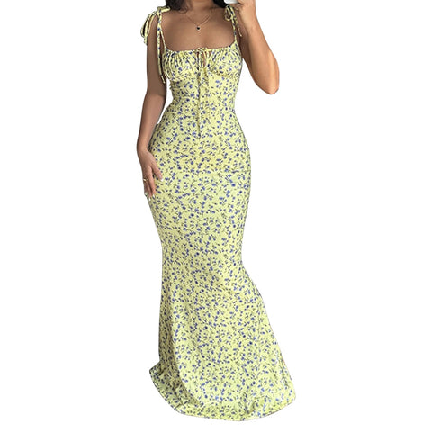 Women's Sexy Spaghetti Strap Dresses Drawstring Design Floral Print Slim Fit Long Bodycon Dresses Perfect for Summer& Spring - American ThistleWomen's Sexy Spaghetti Strap Dresses Drawstring Design Floral Print Slim Fit Long Bodycon Dresses Perfect for Summer& Spring