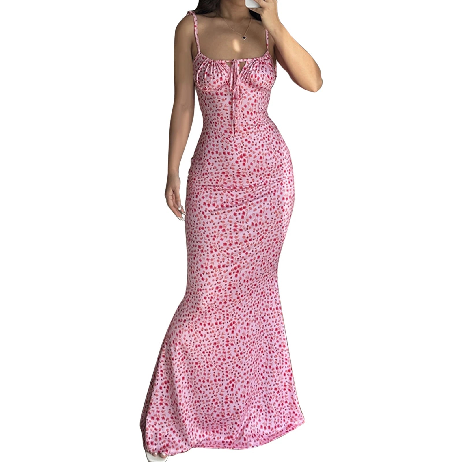 Women's Sexy Spaghetti Strap Dresses Drawstring Design Floral Print Slim Fit Long Bodycon Dresses Perfect for Summer& Spring - American ThistleWomen's Sexy Spaghetti Strap Dresses Drawstring Design Floral Print Slim Fit Long Bodycon Dresses Perfect for Summer& Spring