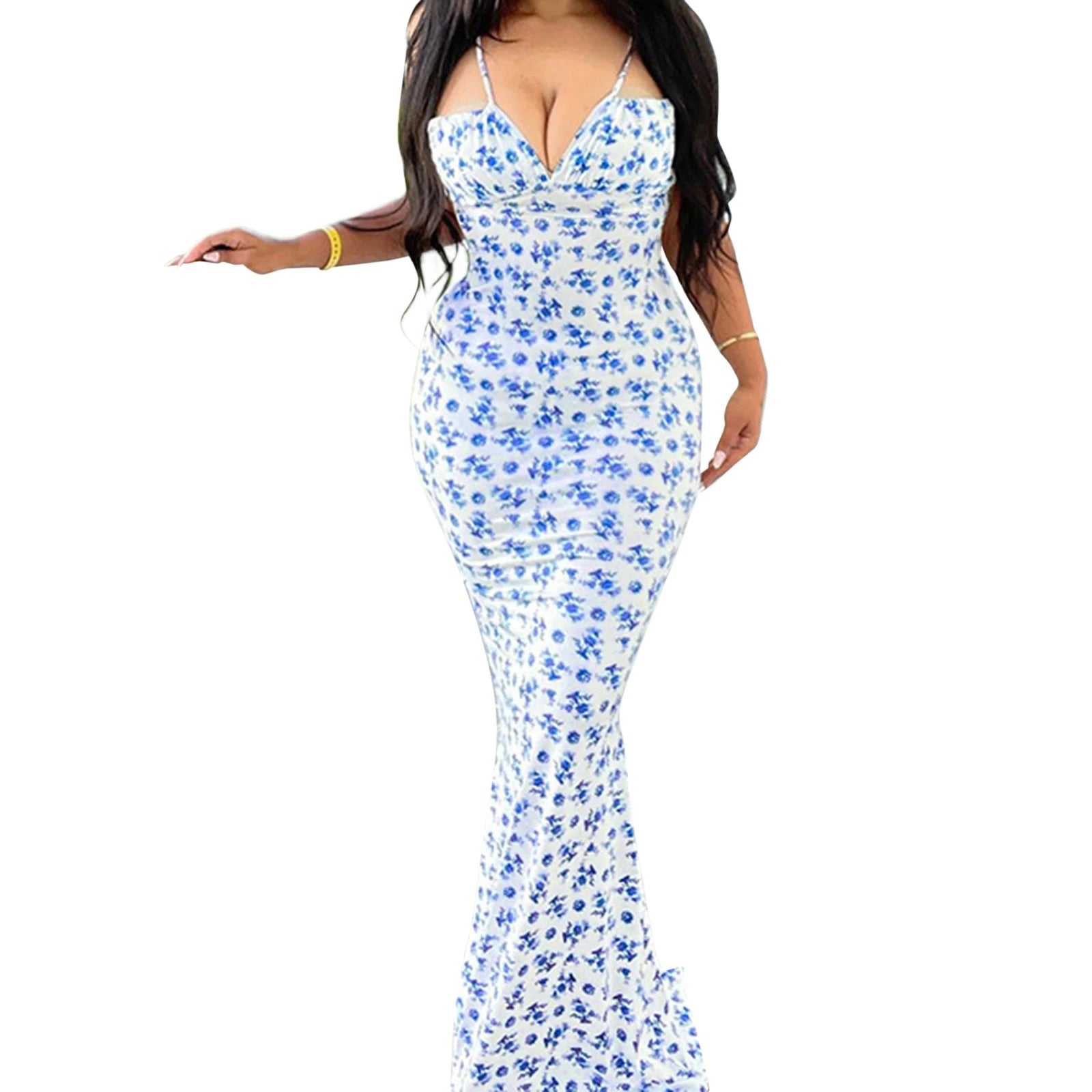 Women's Sexy Spaghetti Strap Dresses Drawstring Design Floral Print Slim Fit Long Bodycon Dresses Perfect for Summer& Spring - American ThistleWomen's Sexy Spaghetti Strap Dresses Drawstring Design Floral Print Slim Fit Long Bodycon Dresses Perfect for Summer& Spring