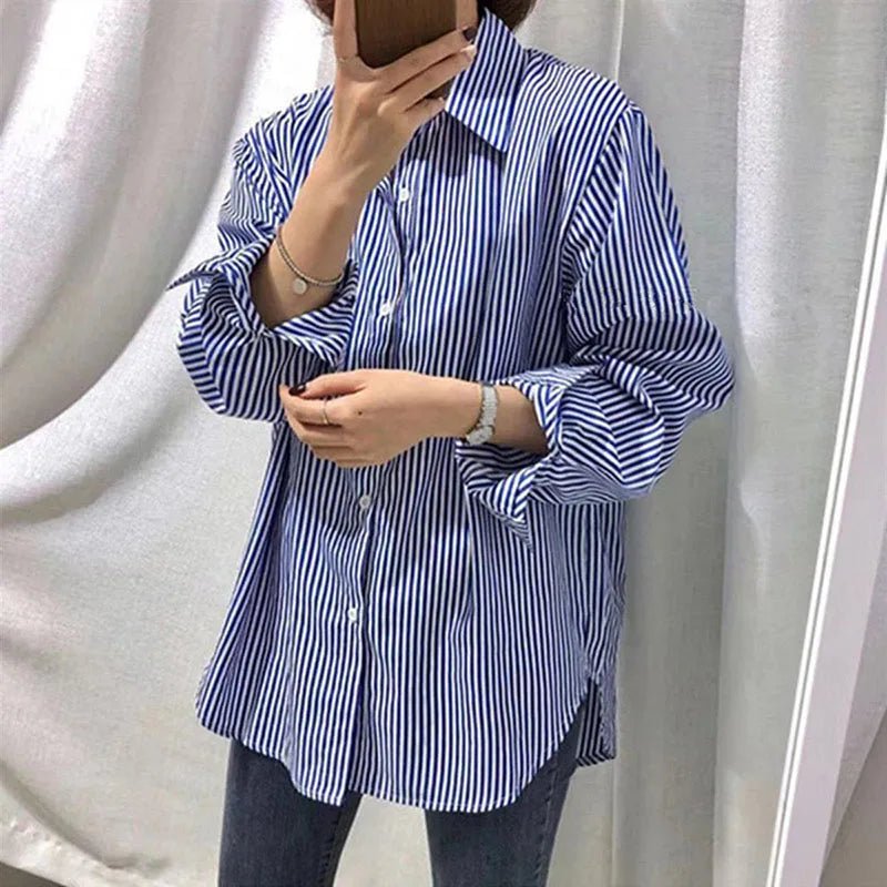 Women's Shirt Casual Loose Long Sleeve Classic Striped Blouse Female Fall Winter - American Thistle Women's Shirt Casual Loose Long Sleeve Classic Striped Blouse Female Fall Winter