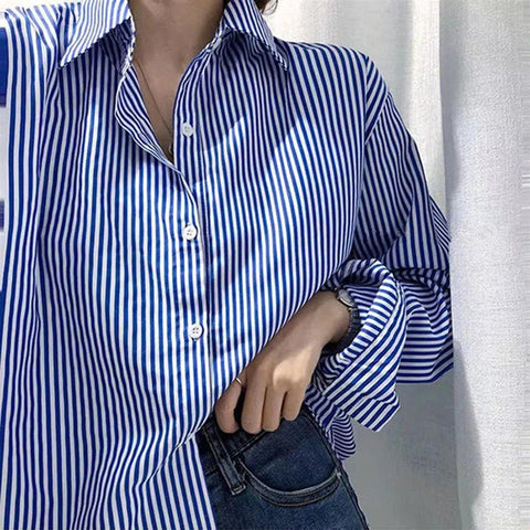 Women's Shirt Casual Loose Long Sleeve Classic Striped Blouse Female Fall Winter - American Thistle Women's Shirt Casual Loose Long Sleeve Classic Striped Blouse Female Fall Winter