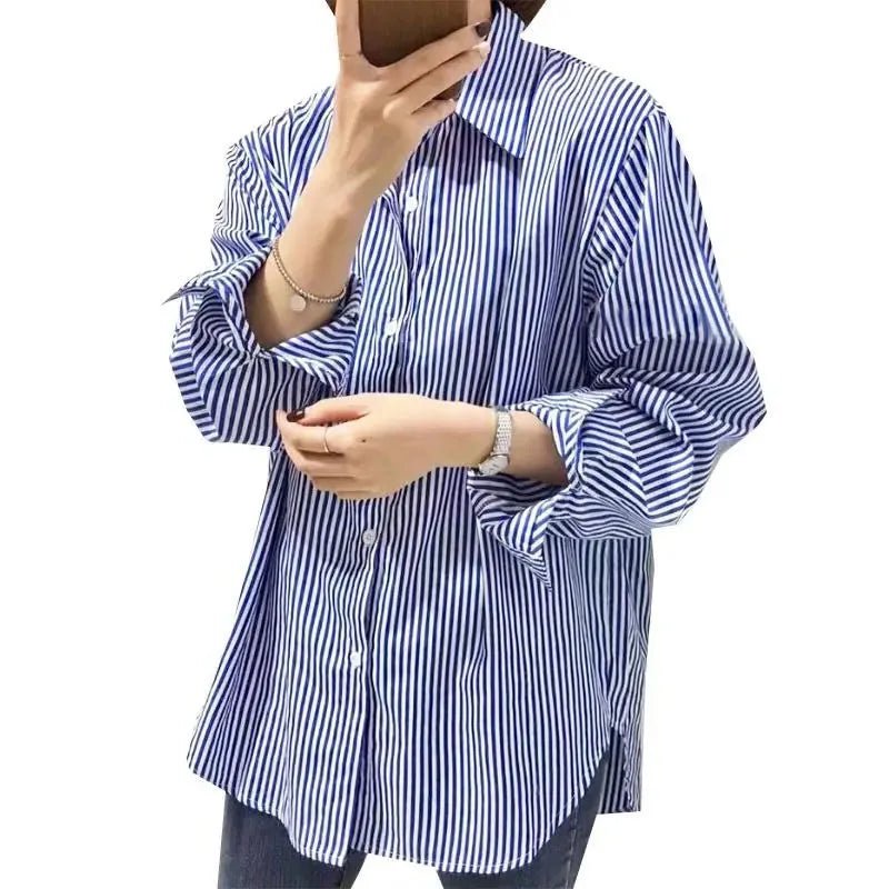 Women's Shirt Casual Loose Long Sleeve Classic Striped Blouse Female Fall Winter - American Thistle Women's Shirt Casual Loose Long Sleeve Classic Striped Blouse Female Fall Winter