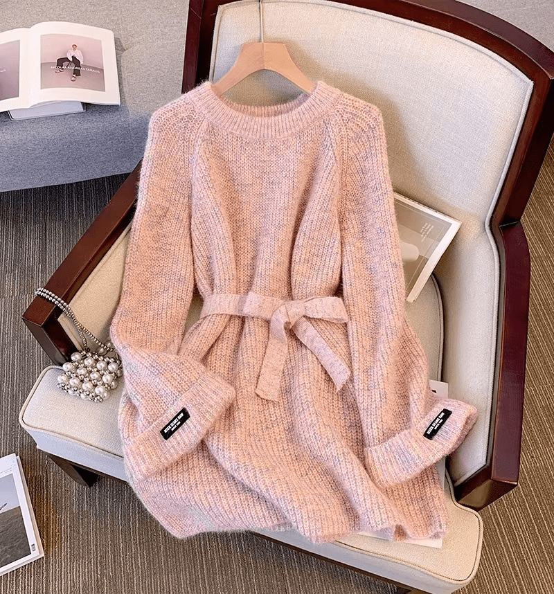 Women's Soft Elegant Sweater Dress Long Sleeved Pullover Knitted Mid - length Top - American Thistle Women's Soft Elegant Sweater Dress Long Sleeved Pullover Knitted Mid - length Top