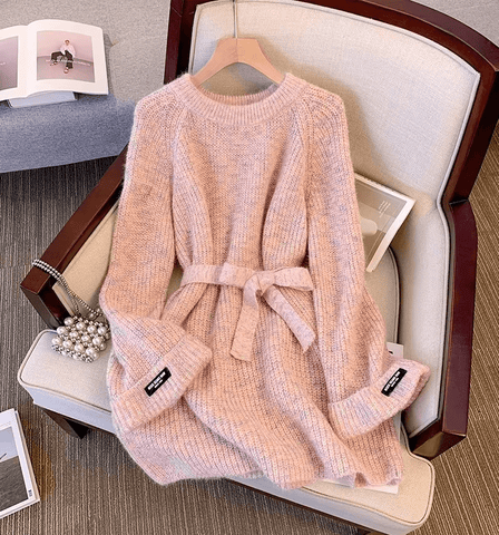 Women's Soft Elegant Sweater Dress Long Sleeved Pullover Knitted Mid - length Top - American Thistle Women's Soft Elegant Sweater Dress Long Sleeved Pullover Knitted Mid - length Top