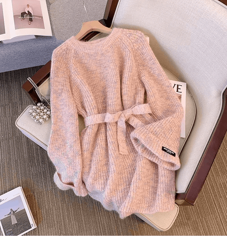 Women's Soft Elegant Sweater Dress Long Sleeved Pullover Knitted Mid - length Top - American Thistle Women's Soft Elegant Sweater Dress Long Sleeved Pullover Knitted Mid - length Top
