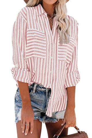Women's Spring/Summer Striped Single Breasted Long Sleeve Stylish Blouse - American Thistle Women's Spring/Summer Striped Single Breasted Long Sleeve Stylish Blouse