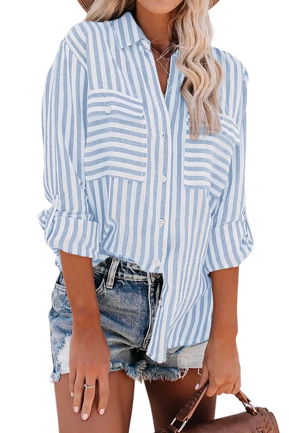 Women's Spring/Summer Striped Single Breasted Long Sleeve Stylish Blouse - American Thistle Women's Spring/Summer Striped Single Breasted Long Sleeve Stylish Blouse