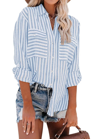 Women's Spring/Summer Striped Single Breasted Long Sleeve Stylish Blouse - American Thistle Women's Spring/Summer Striped Single Breasted Long Sleeve Stylish Blouse