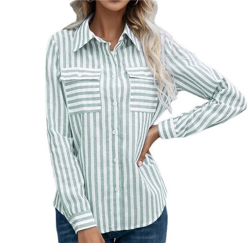 Women's Spring/Summer Striped Single Breasted Long Sleeve Stylish Blouse - American Thistle Women's Spring/Summer Striped Single Breasted Long Sleeve Stylish Blouse