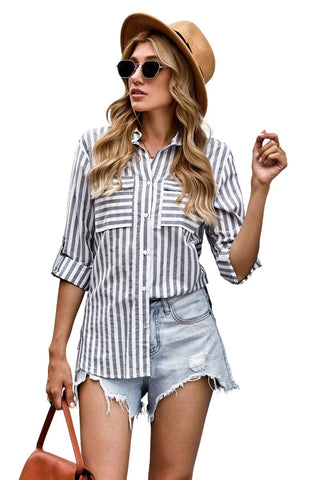Women's Spring/Summer Striped Single Breasted Long Sleeve Stylish Blouse - American Thistle Women's Spring/Summer Striped Single Breasted Long Sleeve Stylish Blouse