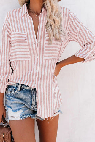 Women's Spring/Summer Striped Single Breasted Long Sleeve Stylish Blouse - American Thistle Women's Spring/Summer Striped Single Breasted Long Sleeve Stylish Blouse