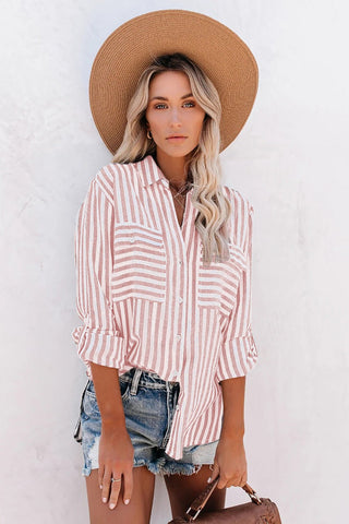 Women's Spring/Summer Striped Single Breasted Long Sleeve Stylish Blouse - American Thistle Women's Spring/Summer Striped Single Breasted Long Sleeve Stylish Blouse