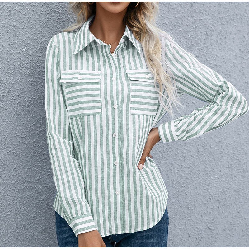 Women's Spring/Summer Striped Single Breasted Long Sleeve Stylish Blouse - American Thistle Women's Spring/Summer Striped Single Breasted Long Sleeve Stylish Blouse