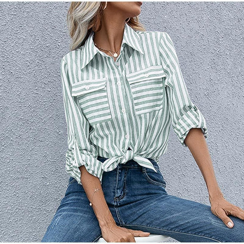 Women's Spring/Summer Striped Single Breasted Long Sleeve Stylish Blouse - American Thistle Women's Spring/Summer Striped Single Breasted Long Sleeve Stylish Blouse