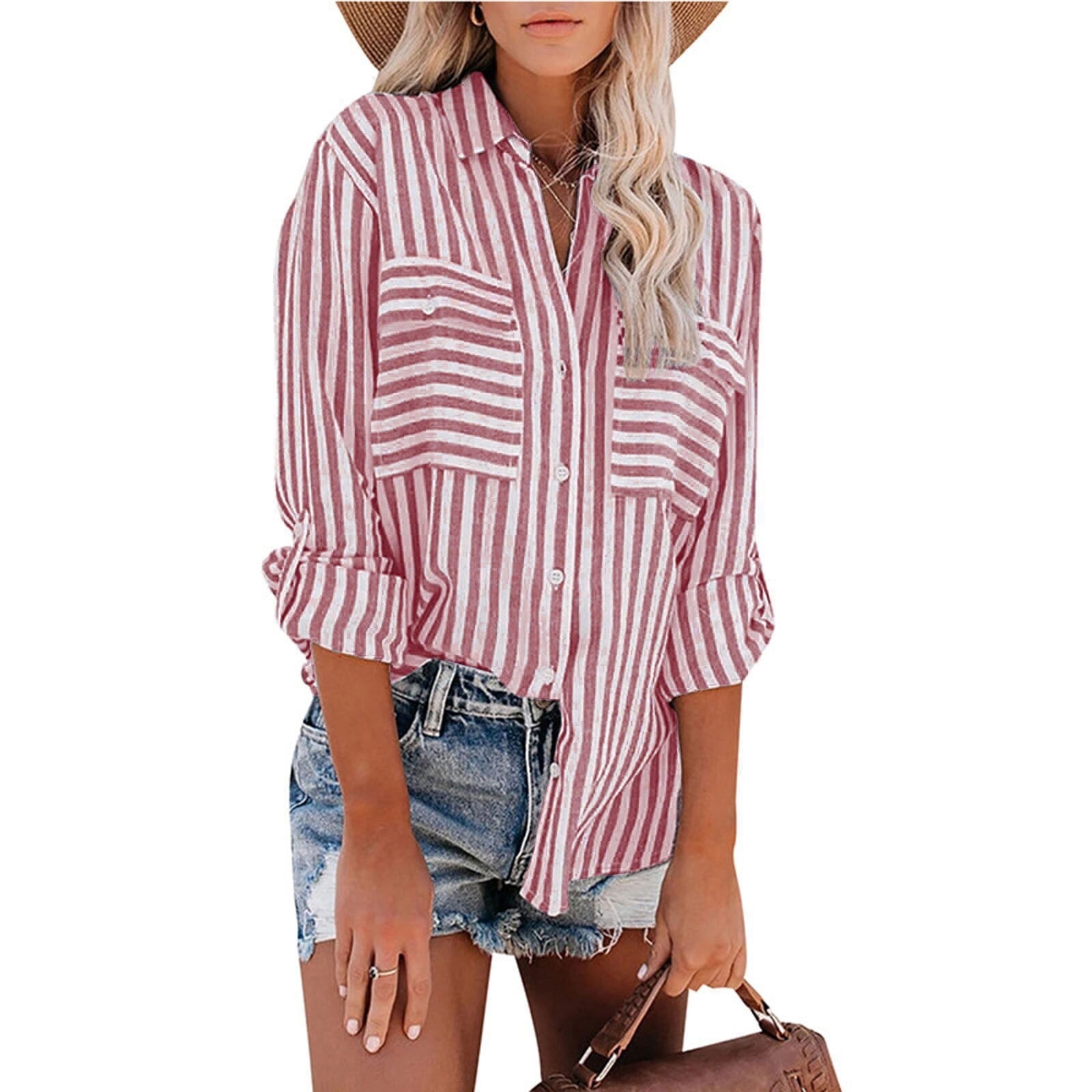 Women's Spring/Summer Striped Single Breasted Long Sleeve Stylish Blouse - American Thistle Women's Spring/Summer Striped Single Breasted Long Sleeve Stylish Blouse