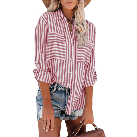 Women's Spring/Summer Striped Single Breasted Long Sleeve Stylish Blouse - American Thistle Women's Spring/Summer Striped Single Breasted Long Sleeve Stylish Blouse