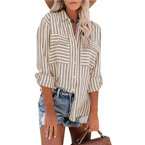 Women's Spring/Summer Striped Single Breasted Long Sleeve Stylish Blouse - American Thistle Women's Spring/Summer Striped Single Breasted Long Sleeve Stylish Blouse