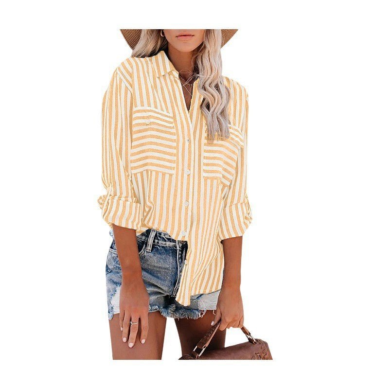 Women's Spring/Summer Striped Single Breasted Long Sleeve Stylish Blouse - American Thistle Women's Spring/Summer Striped Single Breasted Long Sleeve Stylish Blouse