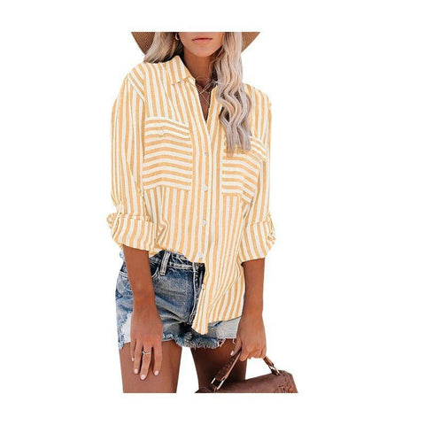 Women's Spring/Summer Striped Single Breasted Long Sleeve Stylish Blouse - American Thistle Women's Spring/Summer Striped Single Breasted Long Sleeve Stylish Blouse