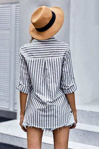 Women's Spring/Summer Striped Single Breasted Long Sleeve Stylish Blouse - American Thistle Women's Spring/Summer Striped Single Breasted Long Sleeve Stylish Blouse