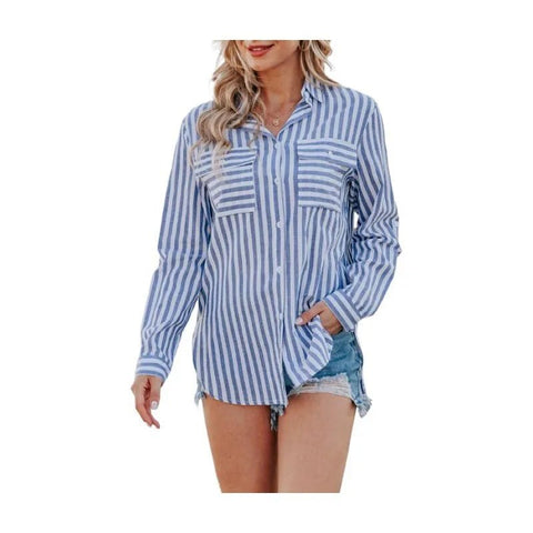 Women's Spring/Summer Striped Single Breasted Long Sleeve Stylish Blouse - American Thistle Women's Spring/Summer Striped Single Breasted Long Sleeve Stylish Blouse