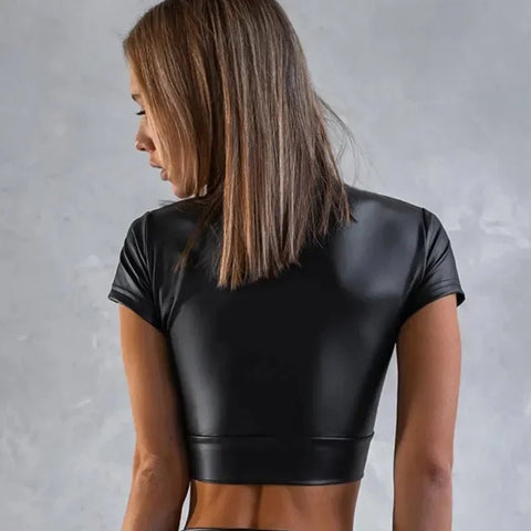Women's Style Tight - Fitting Faux Leather Cross Crop Top - American Thistle Women's Style Tight - Fitting Faux Leather Cross Crop Top