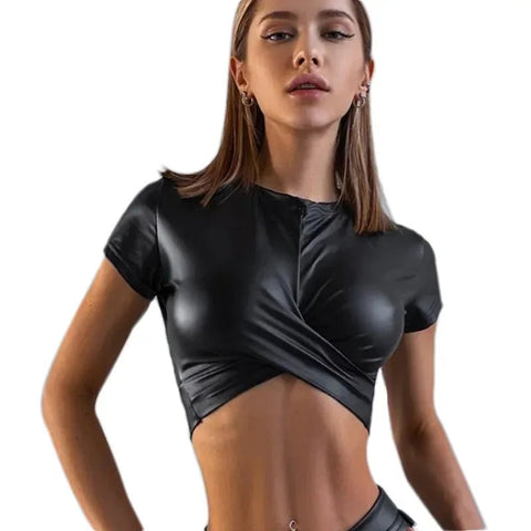 Women's Style Tight - Fitting Faux Leather Cross Crop Top - American Thistle Women's Style Tight - Fitting Faux Leather Cross Crop Top