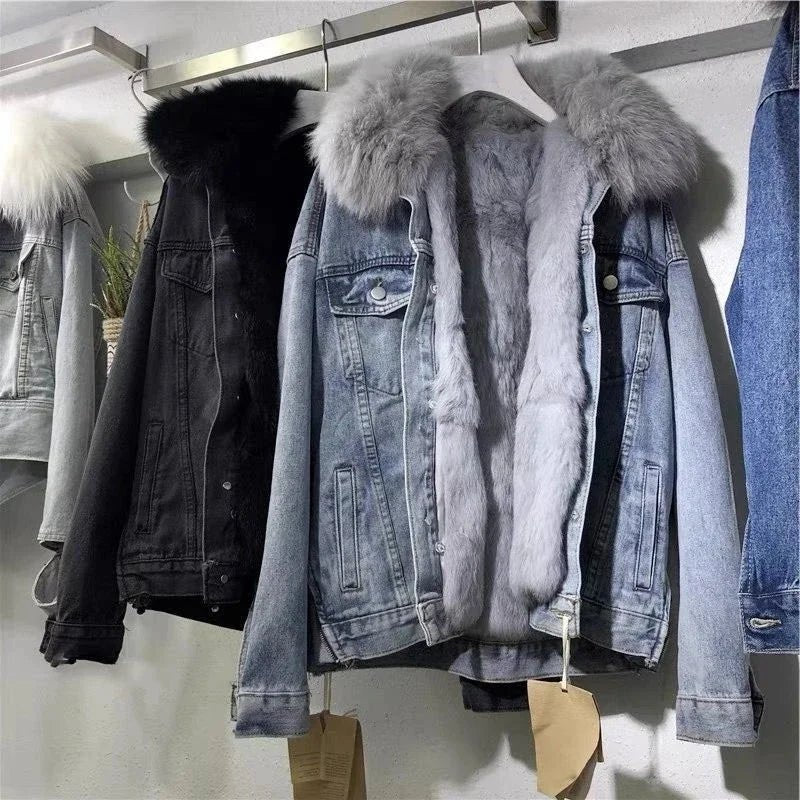 Women's Thick Denim Warm Jacket with Faux Fur Collar Denim Jacket - American Thistle Women's Thick Denim Warm Jacket with Faux Fur Collar Denim Jacket