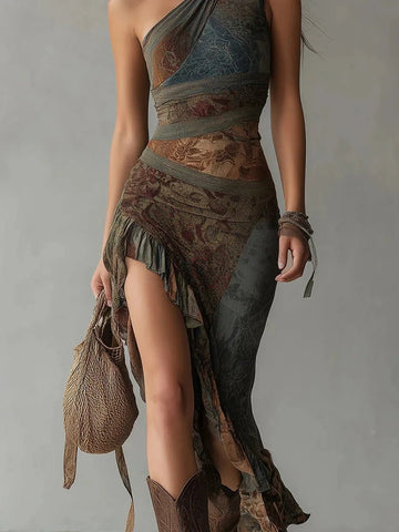 Women's Vintage Patchwork Print Asymmetric Maxi Dress - American ThistleWomen's Vintage Patchwork Print Asymmetric Maxi Dress