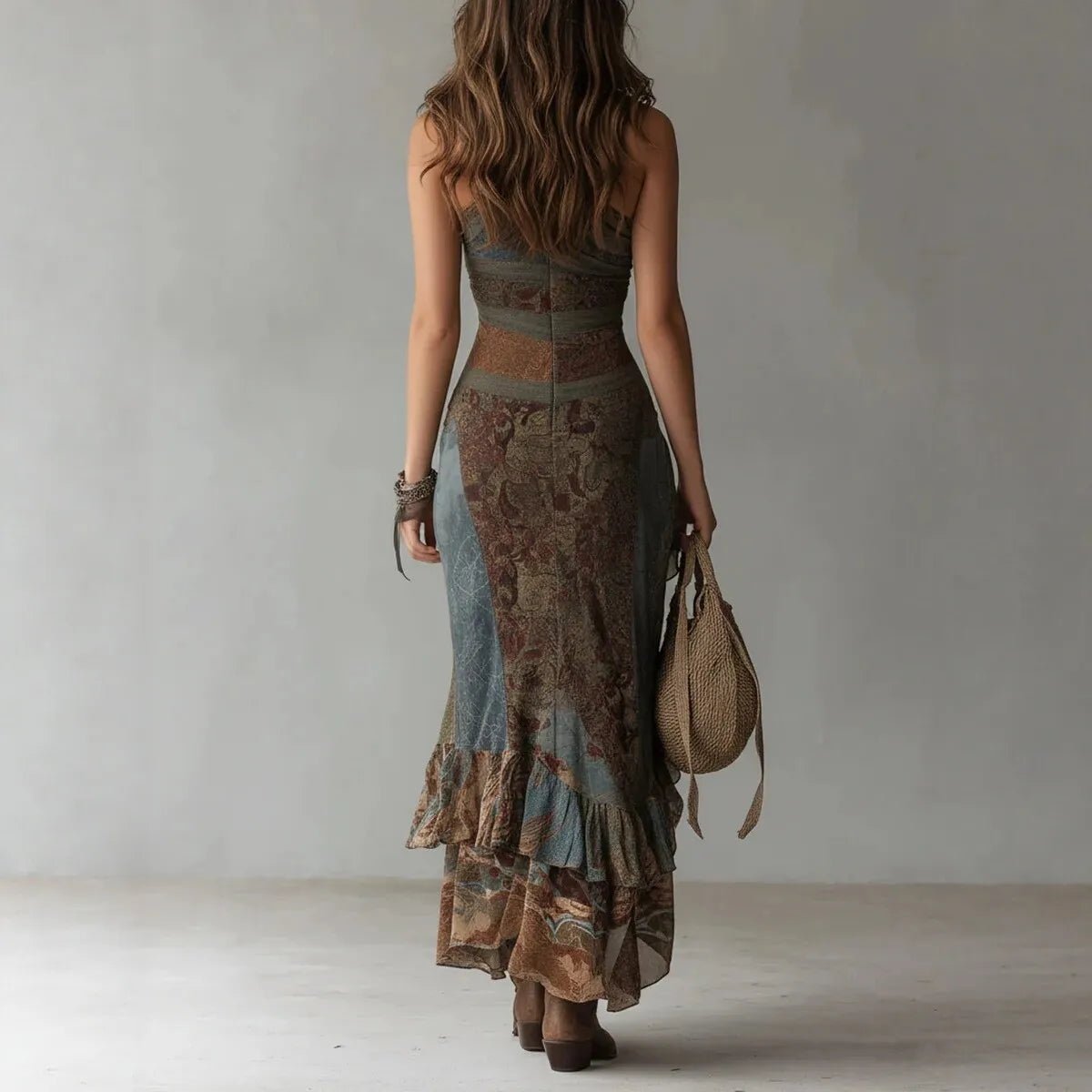 Women's Vintage Patchwork Print Asymmetric Maxi Dress - American ThistleWomen's Vintage Patchwork Print Asymmetric Maxi Dress