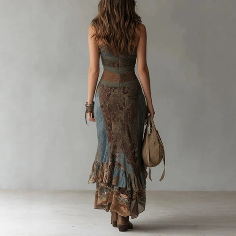 Women's Vintage Patchwork Print Asymmetric Maxi Dress - American ThistleWomen's Vintage Patchwork Print Asymmetric Maxi Dress