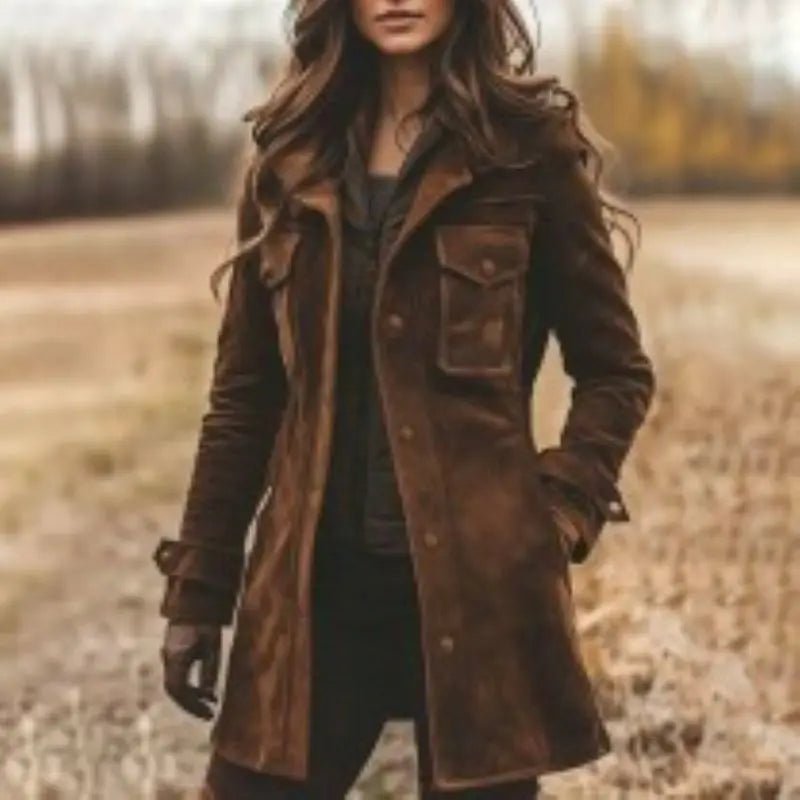 Womens Vintage Suede Lapel Collar Mid Length Coat Jacket Classic Retro Trench Style Autumn Winter - American Thistle Womens Vintage Suede Lapel Collar Mid Length Coat Jacket Classic Retro Trench Style Autumn Winter