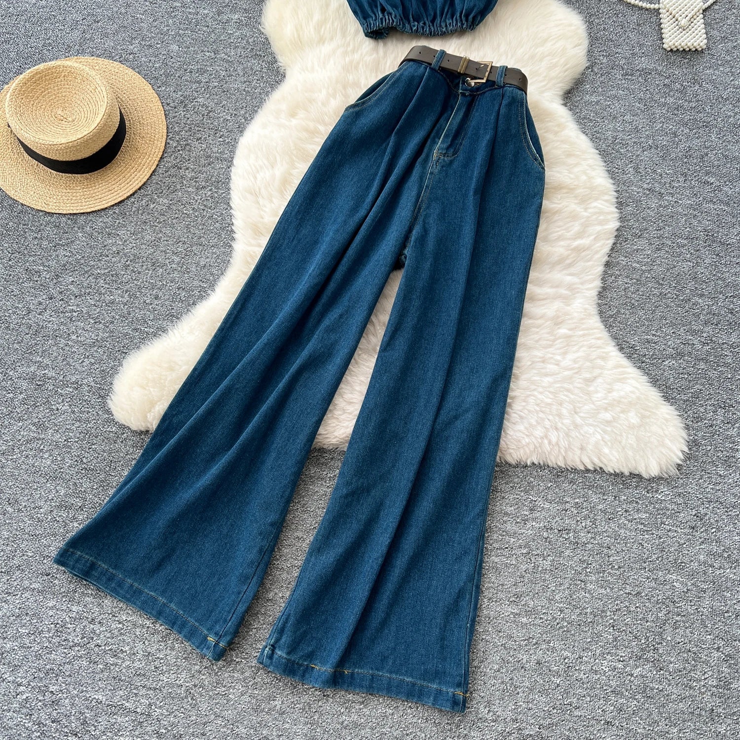 Women's Vintage Two - PiecePuff Sleeve Tunic Crop Top And High Waist Denim - American Thistle Women's Vintage Two - PiecePuff Sleeve Tunic Crop Top And High Waist Denim