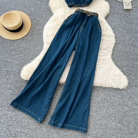 Women's Vintage Two - PiecePuff Sleeve Tunic Crop Top And High Waist Denim - American Thistle Women's Vintage Two - PiecePuff Sleeve Tunic Crop Top And High Waist Denim