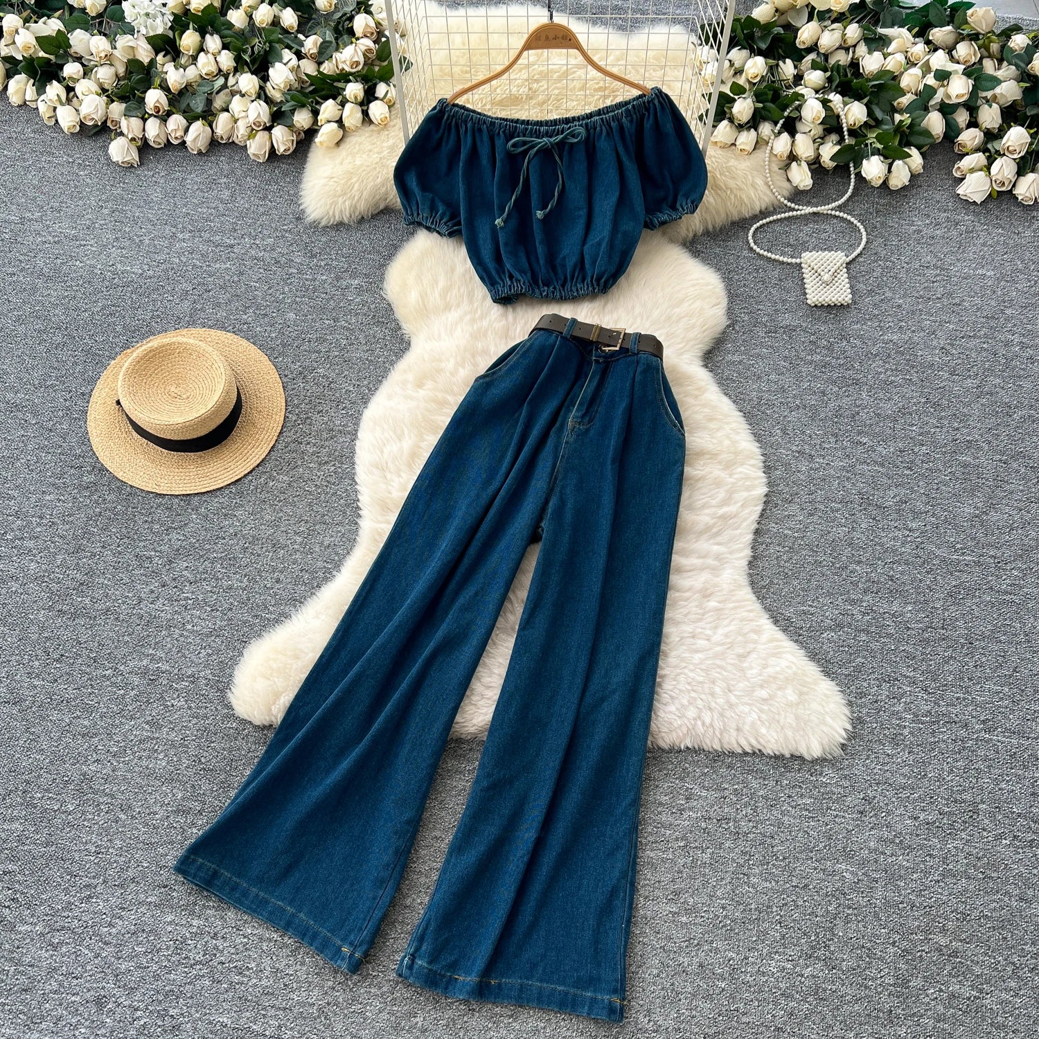 Women's Vintage Two - PiecePuff Sleeve Tunic Crop Top And High Waist Denim - American Thistle Women's Vintage Two - PiecePuff Sleeve Tunic Crop Top And High Waist Denim