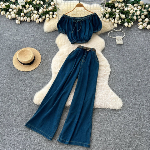 Women's Vintage Two - PiecePuff Sleeve Tunic Crop Top And High Waist Denim - American Thistle Women's Vintage Two - PiecePuff Sleeve Tunic Crop Top And High Waist Denim