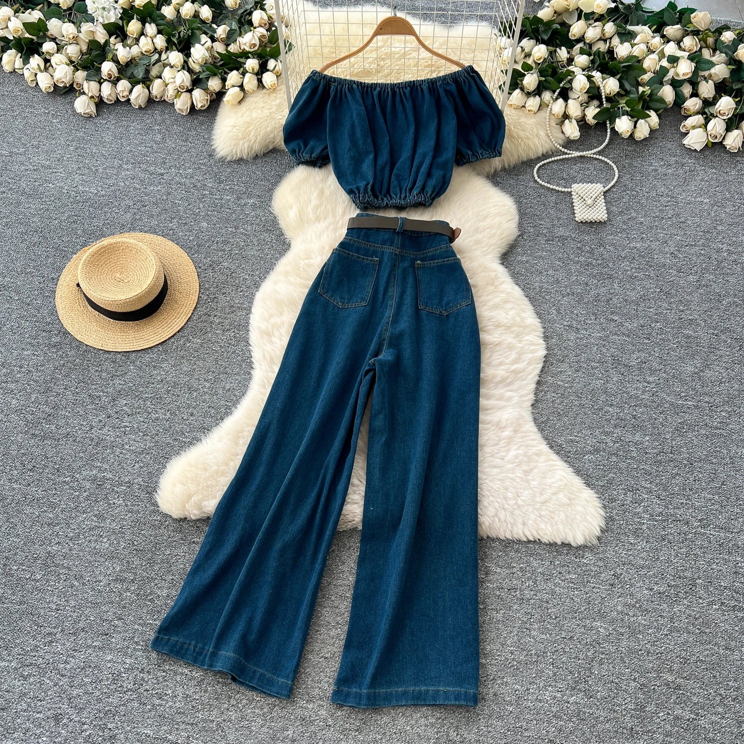 Women's Vintage Two - PiecePuff Sleeve Tunic Crop Top And High Waist Denim - American Thistle Women's Vintage Two - PiecePuff Sleeve Tunic Crop Top And High Waist Denim