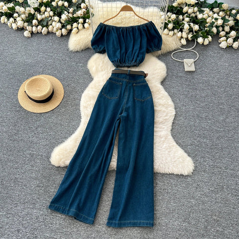 Women's Vintage Two - PiecePuff Sleeve Tunic Crop Top And High Waist Denim - American Thistle Women's Vintage Two - PiecePuff Sleeve Tunic Crop Top And High Waist Denim