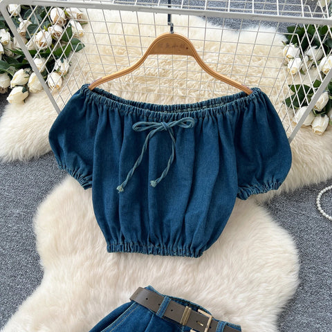 Women's Vintage Two - PiecePuff Sleeve Tunic Crop Top And High Waist Denim - American Thistle Women's Vintage Two - PiecePuff Sleeve Tunic Crop Top And High Waist Denim