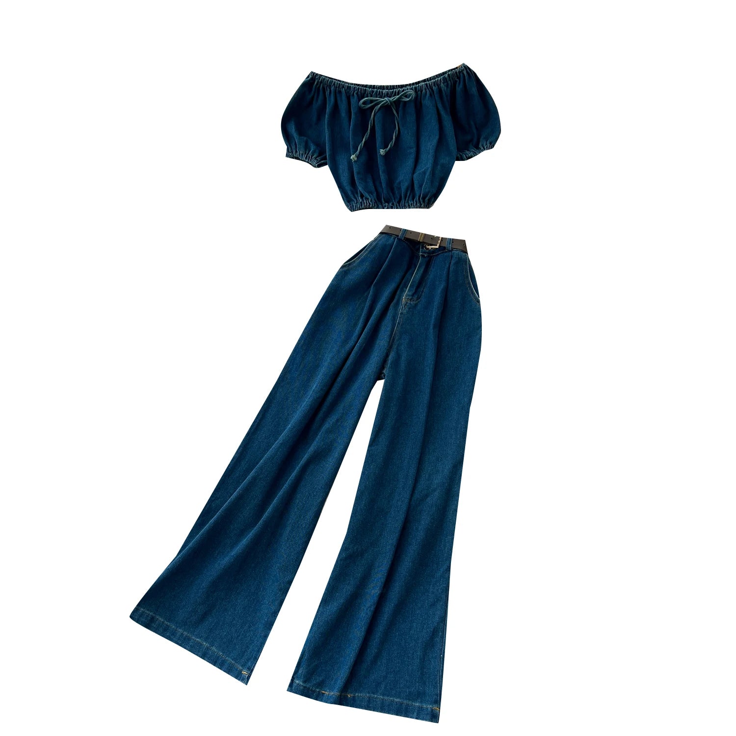 Women's Vintage Two - PiecePuff Sleeve Tunic Crop Top And High Waist Denim - American Thistle Women's Vintage Two - PiecePuff Sleeve Tunic Crop Top And High Waist Denim