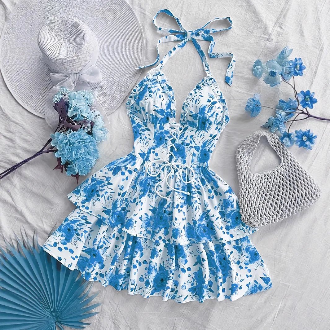 Women's Watercolor Style Retro Short Dress Rose Print Halter Lace - up Ruffled - American Thistle Women's Watercolor Style Retro Short Dress Rose Print Halter Lace - up Ruffled