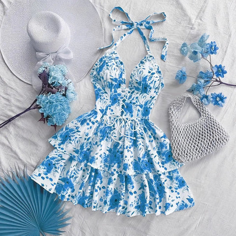 Women's Watercolor Style Retro Short Dress Rose Print Halter Lace - up Ruffled - American Thistle Women's Watercolor Style Retro Short Dress Rose Print Halter Lace - up Ruffled