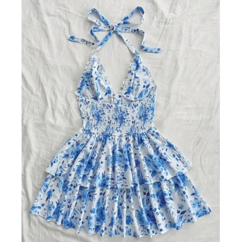 Women's Watercolor Style Retro Short Dress Rose Print Halter Lace - up Ruffled - American Thistle Women's Watercolor Style Retro Short Dress Rose Print Halter Lace - up Ruffled