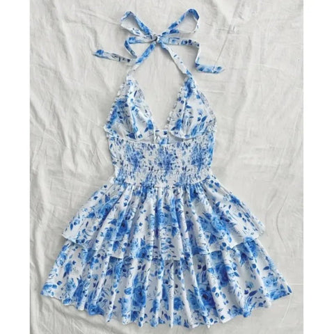 Women's Watercolor Style Retro Short Dress Rose Print Halter Lace - up Ruffled - American Thistle Women's Watercolor Style Retro Short Dress Rose Print Halter Lace - up Ruffled