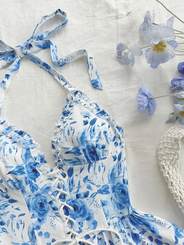 Women's Watercolor Style Retro Short Dress Rose Print Halter Lace - up Ruffled - American Thistle Women's Watercolor Style Retro Short Dress Rose Print Halter Lace - up Ruffled