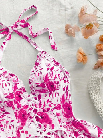 Women's Watercolor Style Retro Short Dress Rose Print Halter Lace - up Ruffled - American Thistle Women's Watercolor Style Retro Short Dress Rose Print Halter Lace - up Ruffled