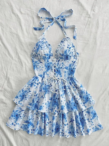 Women's Watercolor Style Retro Short Dress Rose Print Halter Lace - up Ruffled - American Thistle Women's Watercolor Style Retro Short Dress Rose Print Halter Lace - up Ruffled