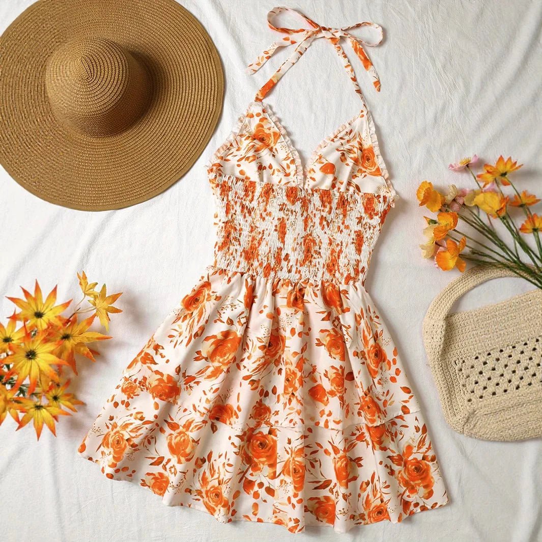 Women's Watercolor Style Retro Short Dress Rose Print Halter Lace - up Ruffled - American Thistle Women's Watercolor Style Retro Short Dress Rose Print Halter Lace - up Ruffled