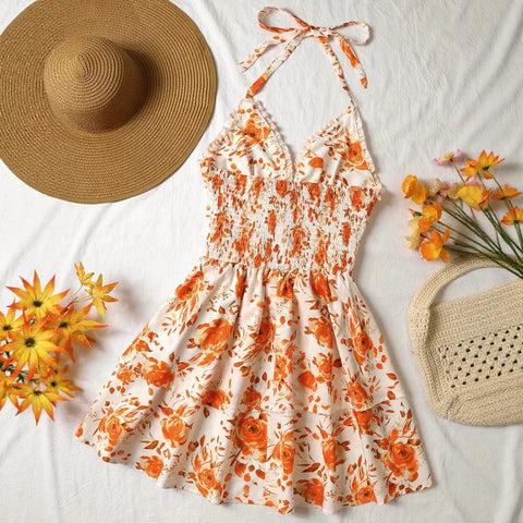 Women's Watercolor Style Retro Short Dress Rose Print Halter Lace - up Ruffled - American Thistle Women's Watercolor Style Retro Short Dress Rose Print Halter Lace - up Ruffled